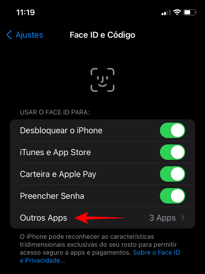 Em "Outros Apps". você verá a lista de aplicativos com permissão de acessoa o Face ID - Captura de tela: Thiago Furquim (Canaltech)
