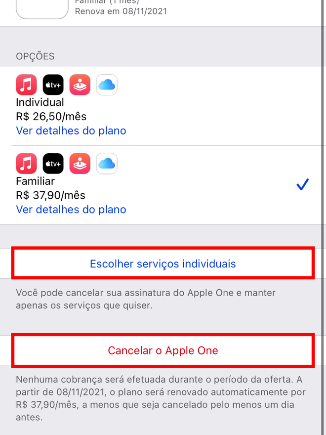 Selecione para escolher serviços individuais ou cancelar o Apple One. Captura de tela: Lucas Wetten (Canaltech)