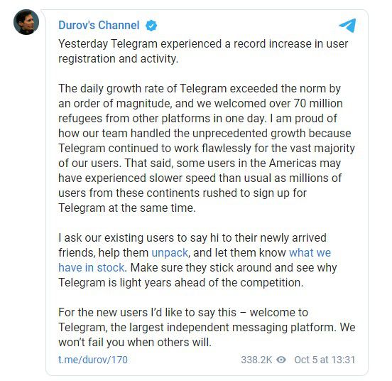 O fundador do Telegram comemorou o crescimento recorde (Imagem: Durov's Channel/Telegram)