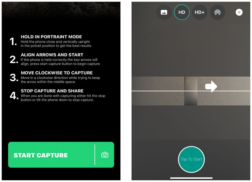 Aplicativo é usado para tirar fotos panorâmicas no Android e iOS (Capturas de tela: André Magalhães)
