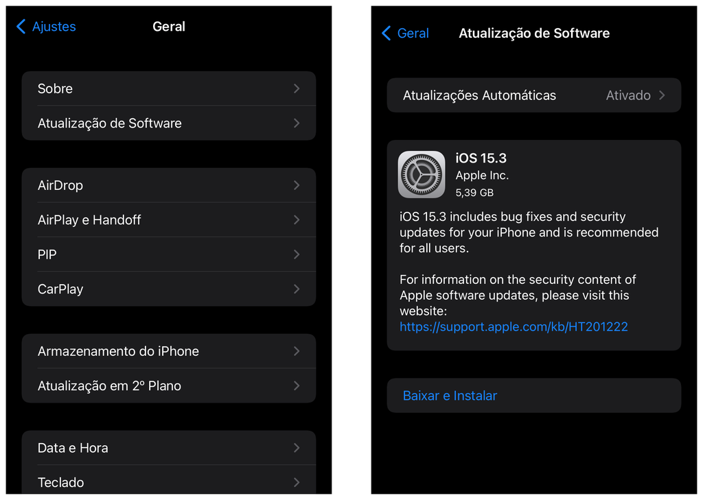 Entre nos ajustes do iPhone para atualizar o iOS (Captura de tela: Thiago Furquim)
