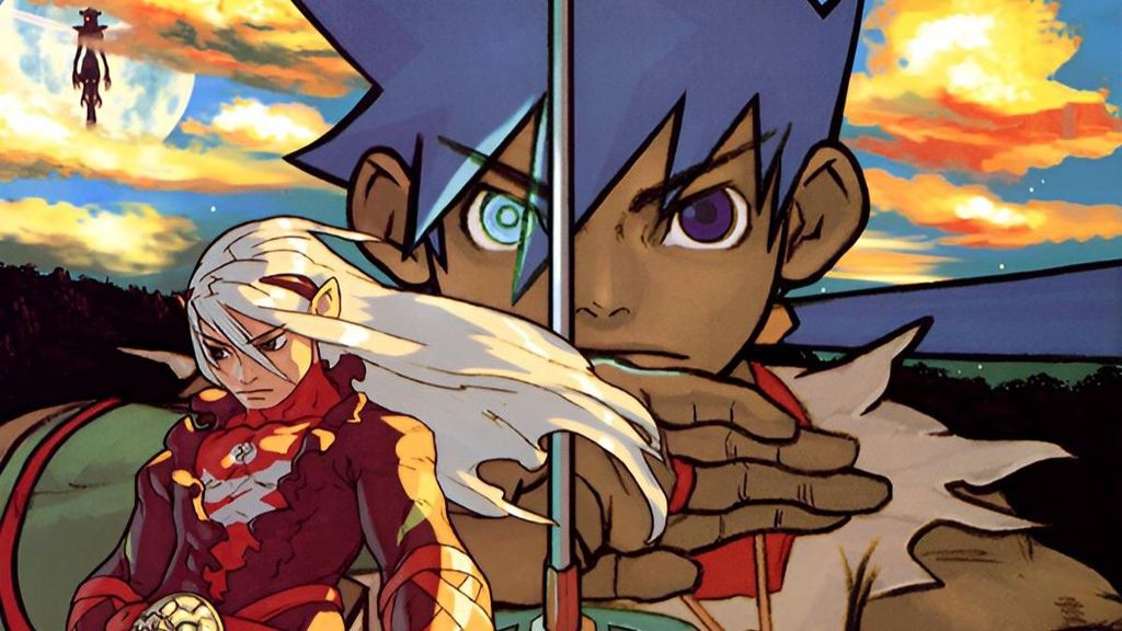 Arte da capa de Breath of Fire mostrando Ryu de cabelo azul e Nina de cabelo branco com uma silhueta de dragão ao fundo
