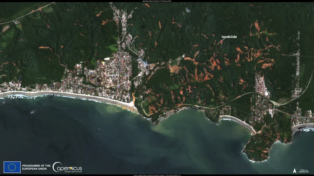 Imagem do satélite europeu Sentinel-2 mostra toda a extensão do desastre em São Sebastião, São Paulo (Imagem: European Union, Copernicus Sentinel-2 imagery)