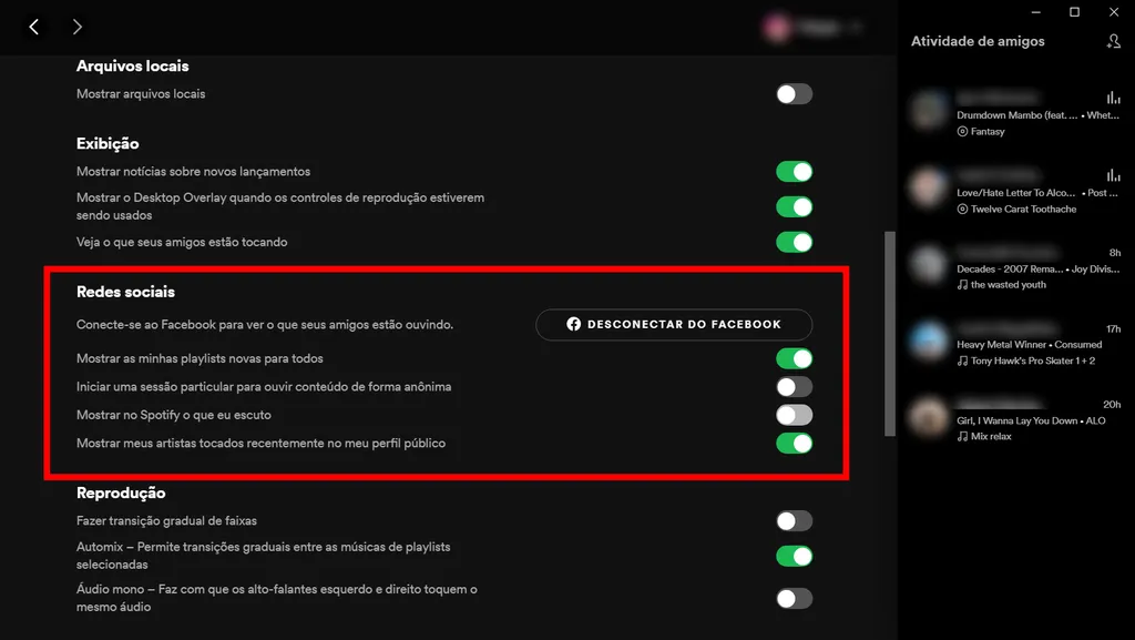 Conecte sua conta do Spotify ao Facebook para ver a atividade dos seus amigos (Captura de tela: Canaltech/Felipe Freitas)
