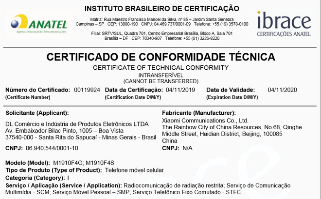 Homologação dos Mi Note 10 no Brasil (Imagem: Reprodução/Anatel)
