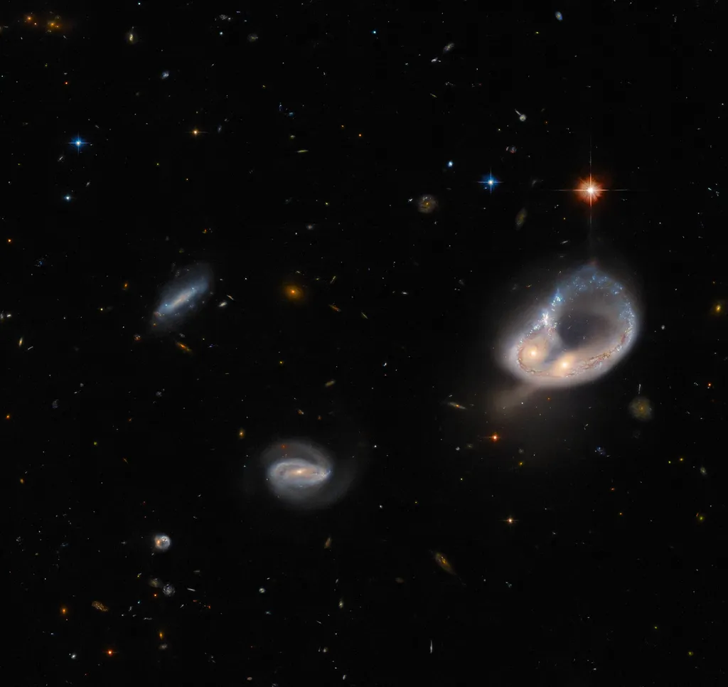 Fusão de galáxias fotografada pelo Hubble (Imagem: Reprodução/ESA/Hubble & NASA, Dark Energy Survey/DOE/FNAL/DECam/CTIO/NOIRLab/NSF/AURA, J. Dalcanton)