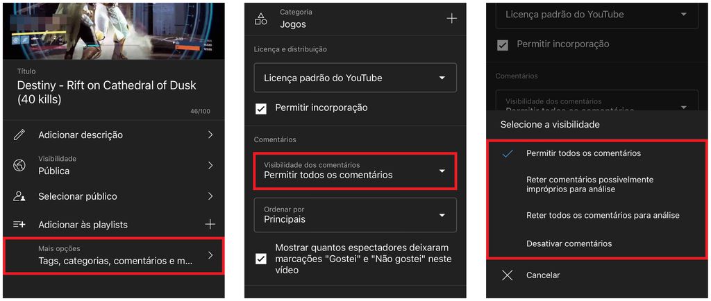 No celular, app YouTube Studio tem opção para ativar ou desativar comentários no YouTube (Captura de tela: Caio Carvalho)