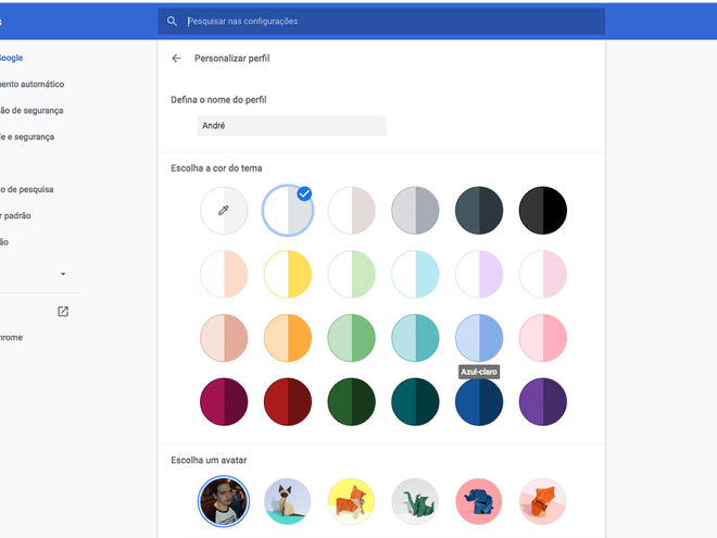 Customize o seu perfil pessoal no Google Chrome (Imagem: André Magalhães/Captura de tela)