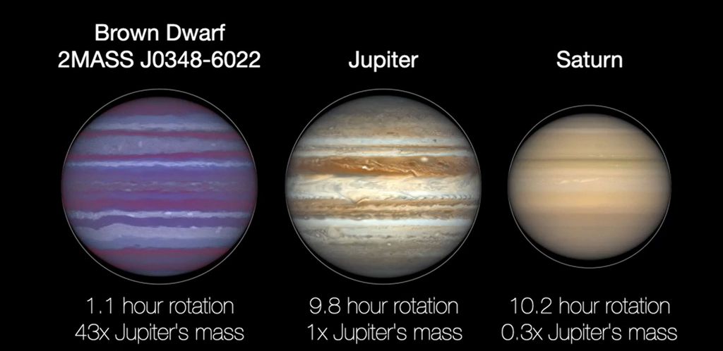 Comparativo de tamanho e massa entre uma das anãs marrons do estudo e os planetas gigantes Júpiter e Saturno. A imagem também mostra o formato ligeiramente ovalado dos três objetos devido às forças centrípetas (Imagem: Reprodução/NASA/JPL-Caltech)
