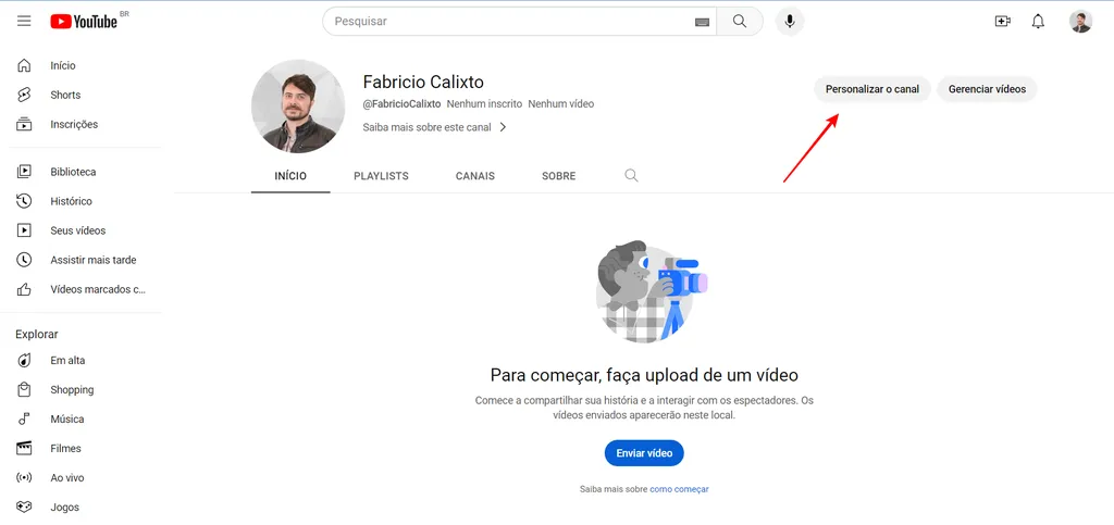 Clicando em personalizar o canal, você tem acesso ao YouTube Creator Studio (Imagem: Captura de tela/Fabrício Calixto/Canaltech)