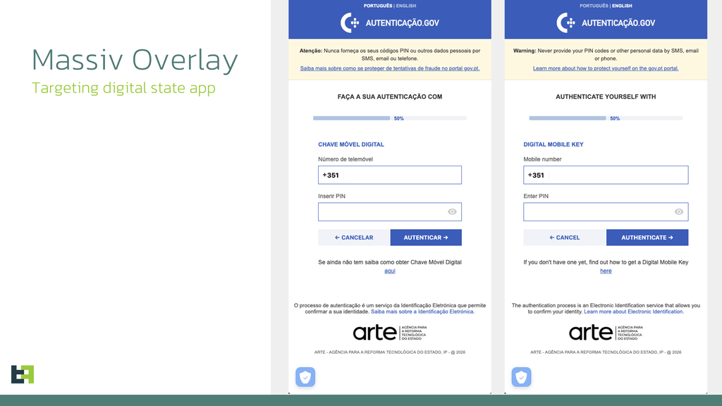 O ataque, que mira principalmente em vítimas portuguesas, imita a tela de login de aplicativo governamental para roubar credenciais (Imagem: ThreatFabric/Divulgação)