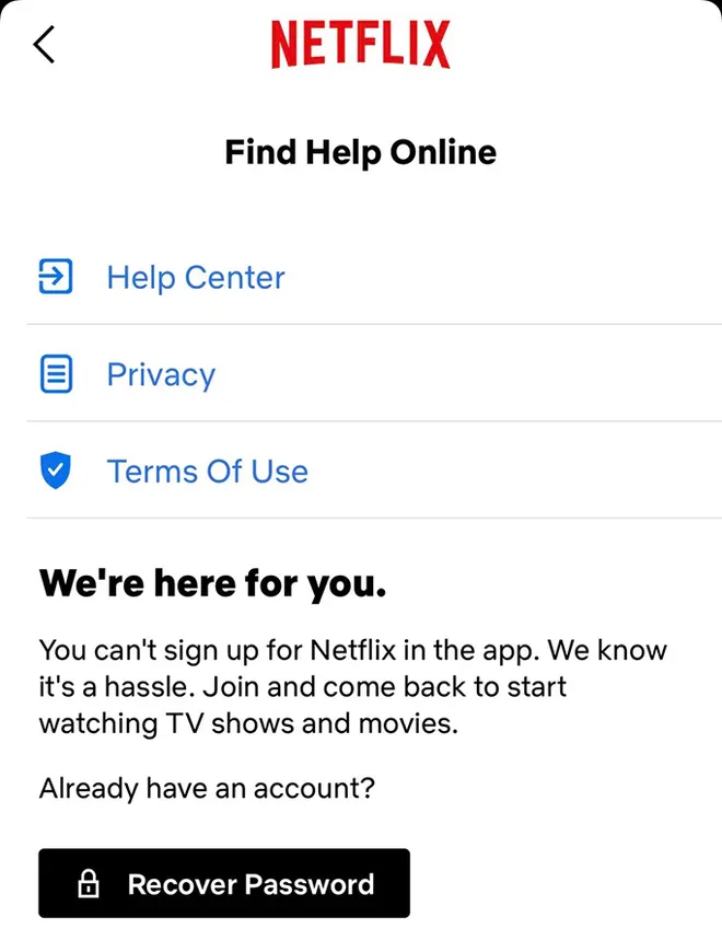 A tela atual da Netflix não permite fazer a assinatura pelo aplicativo do iOS (Imagem: Reprodução/Netflix)