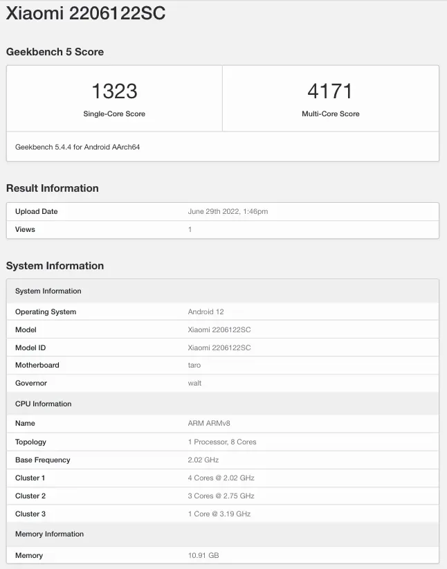Detalhes de desempenho do Xiaomi 12S Pro apareceram no Geekbench (Imagem: Geekbench Browser)