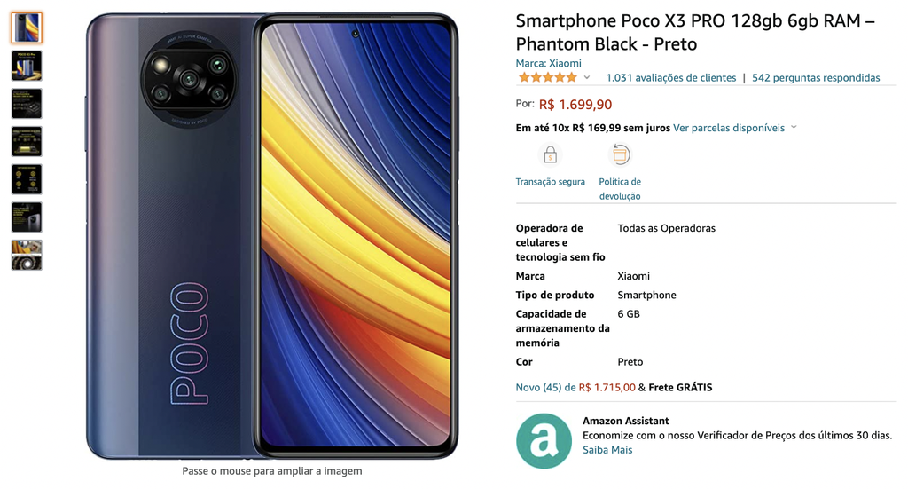 Smartphone Poco X3 Pro 128gb 6gb Ram Phantom Black Preto