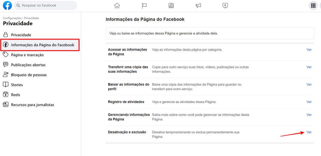 A desativação de uma página do Facebook bem como sua exclusão ficam no mesmo menu (Imagem: Captura de tela/Fabrício Calixto/Canaltech)