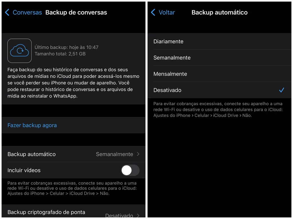 Desative o backup automático do WhatsApp (Imagem: Captura de tela/Thiago Furquim/Canaltech)