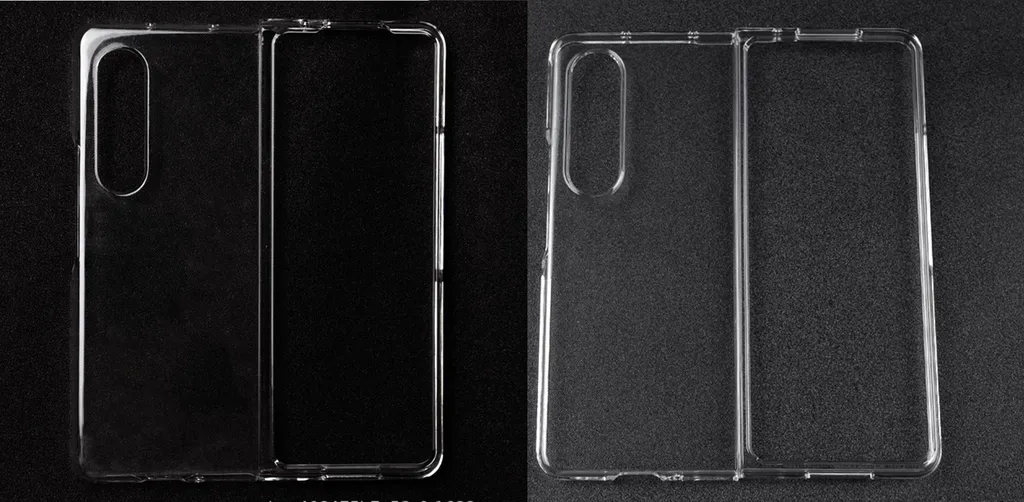 Case do Samsung Galaxy Z Fold 3 à esquerda, e do Z Fold 4 à direita — note como o suposto acessório da nova geração é mais baixo e mais largo (Imagem: Ice Universe/Twitter)