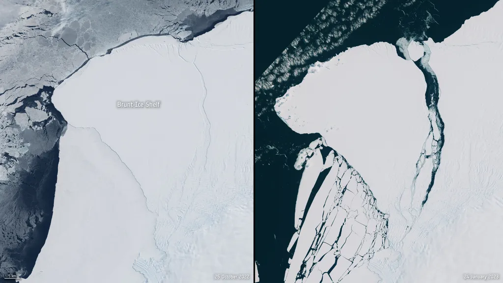 Imagem do satélite europeu Copernicus registra o destacamento do iceberg de sua plataforma na Antártida (Imagem: ESA, CC BY-SA 3.0 IGO)