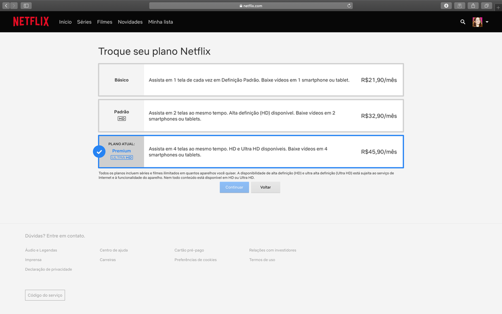 Apenas o plano Premium libera streaming de conteúdo 4K no Netflix / Captura de tela: Bruno Salutes