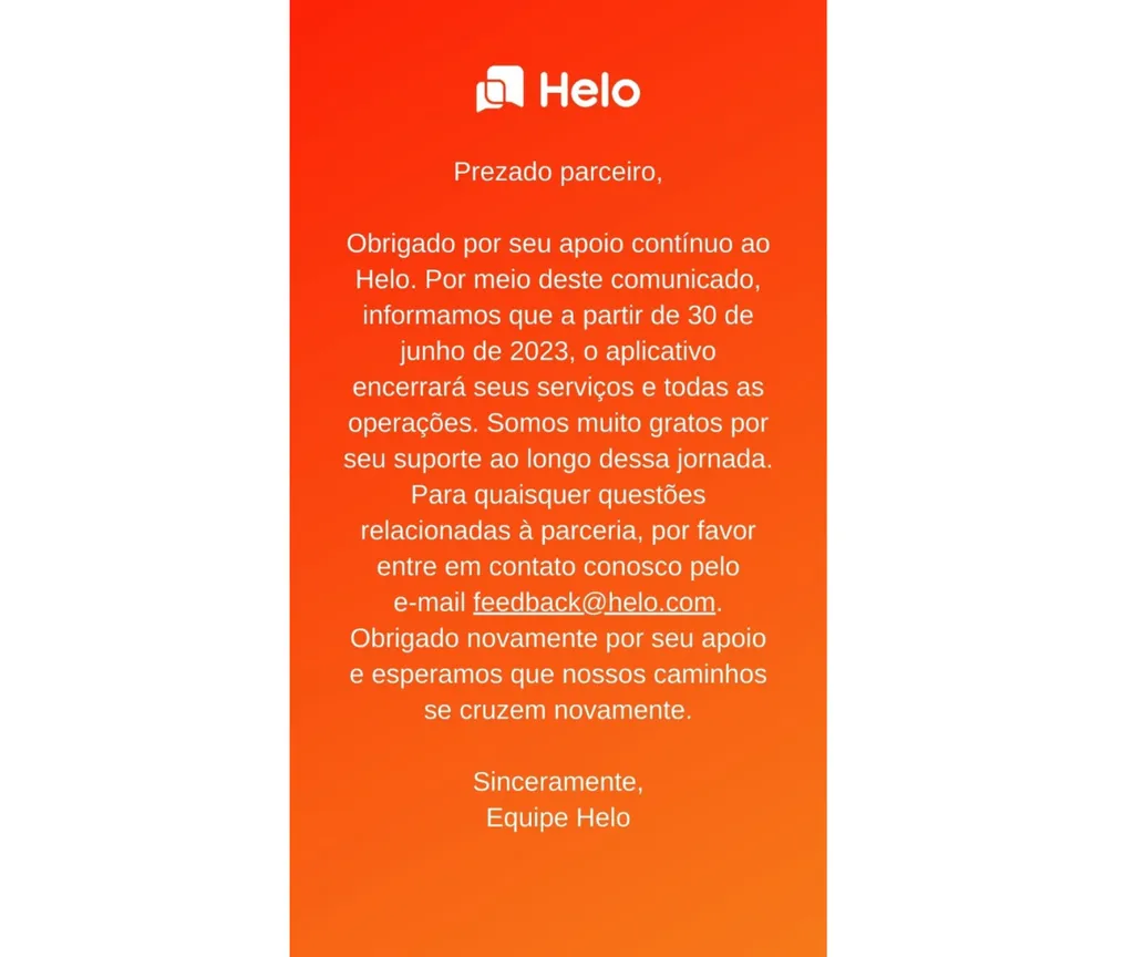 Comunicado oficial anunciando fim das atividades do aplicativo (Imagem: Divulgação/Helo)