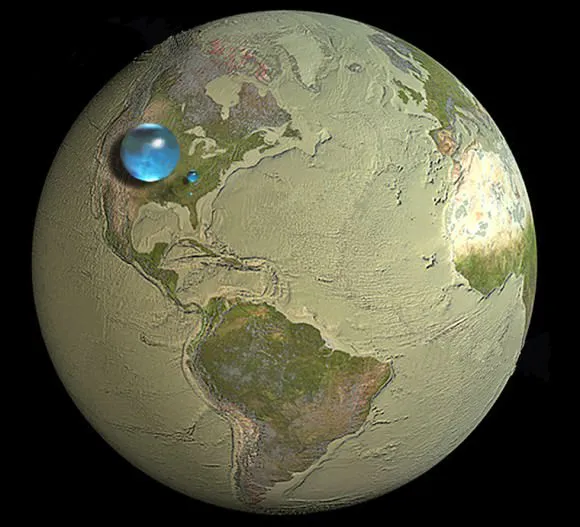 A Terra tem relativamente pouca água em relação à sua massa total (Imagem: Reprodução/Howard Perlman/USGS/WHOI)