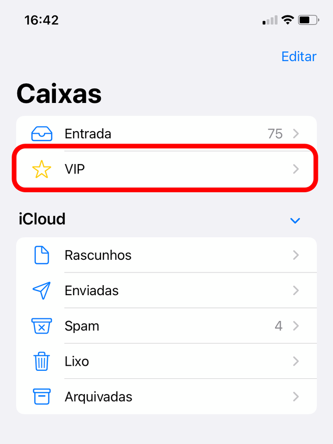 Abra a caixa VIP do Mail do iPhone - Captura de tela: Thiago Furquim (Canaltech)