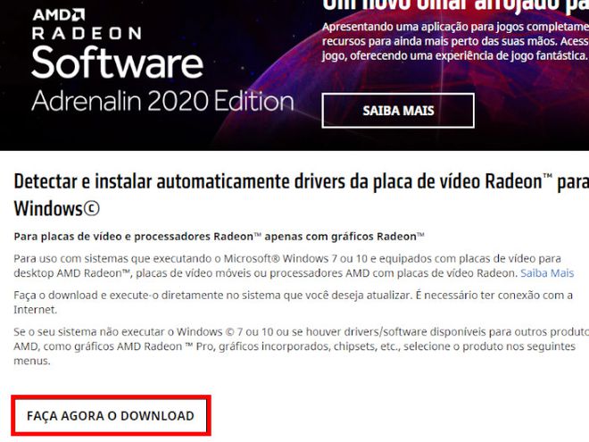 Abra o site de download de drivers da AMD e selecione "Faça agora o download" (Captura de tela: Matheus Bigogno)