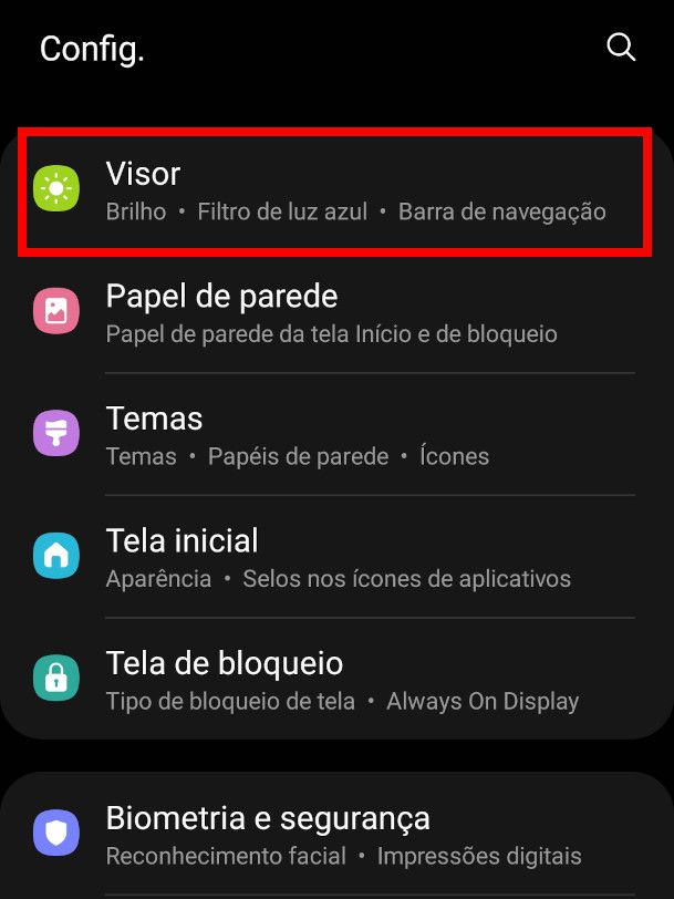 Acesse a aba de "Configurações" do seu celular Samsung e clique em "Visor" (Captura de tela: Matheus Bigogno)
