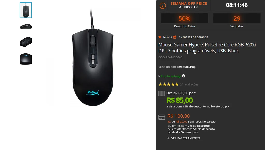 Mouse Gamer HyperX Pulsefire Core RGB, 6200 DPI, 7 botões programáveis