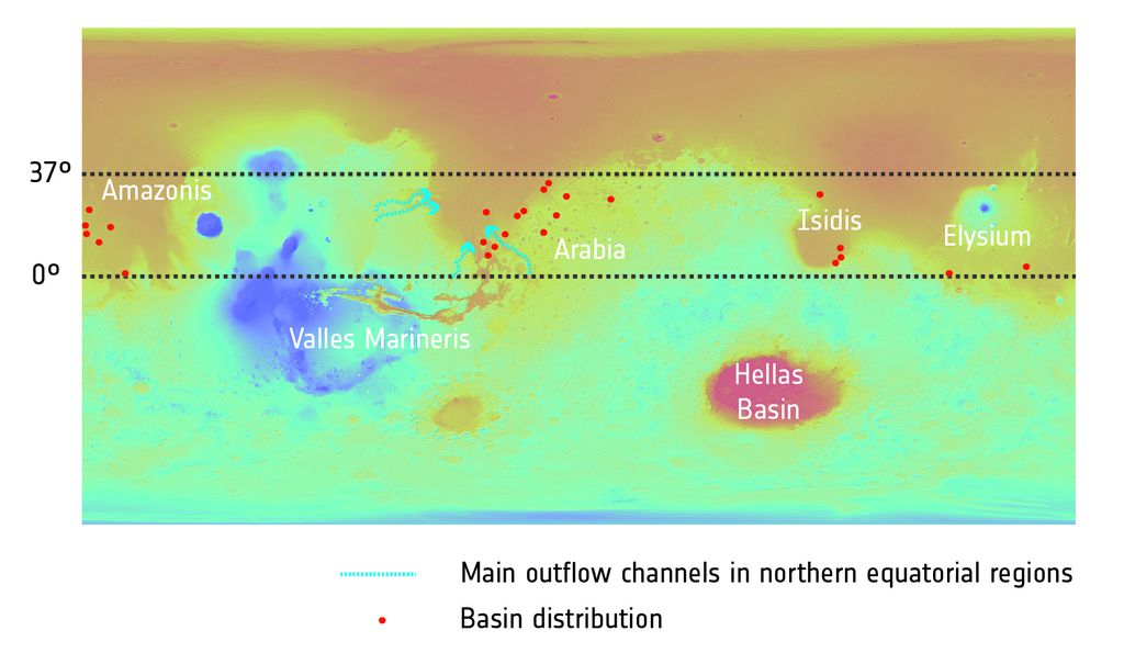 Imagem topográfica mostra a distribuição de várias crateras profundas (os pontinhos vermelhos) que foram recentemente analisadas. As regiões em vermelho e laranjas têm menor altitude, enquanto as áreas azuis e verdes são mais altas. (Imagem: ESA)