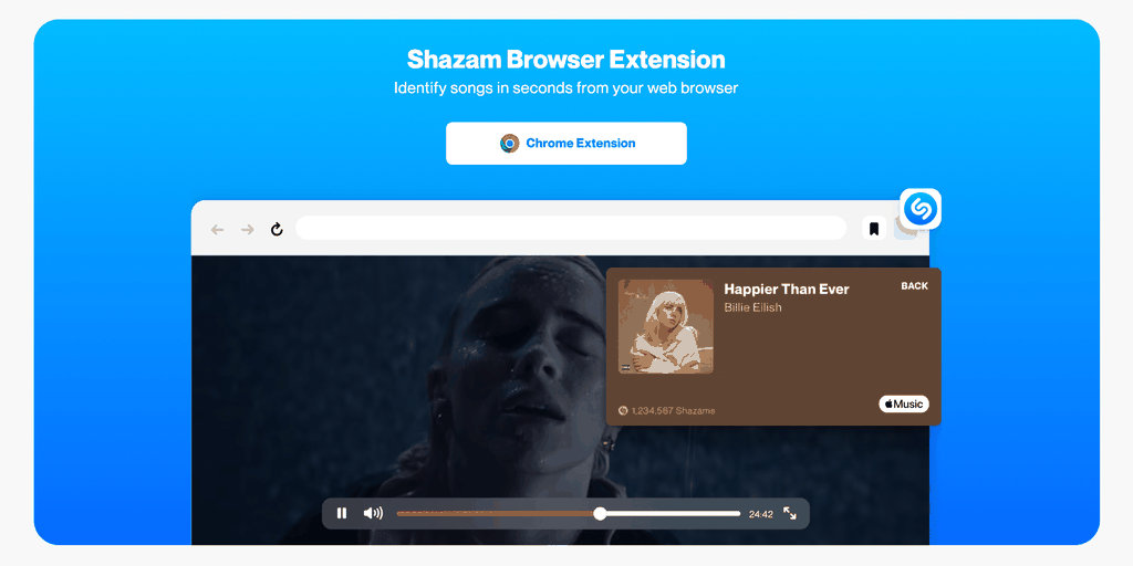 A extensão do Shazam para Chrome permite identificar músicas que tocam em filmes, lives e até playlists do YouTube (Imagem: Reprodução/Shazam)
