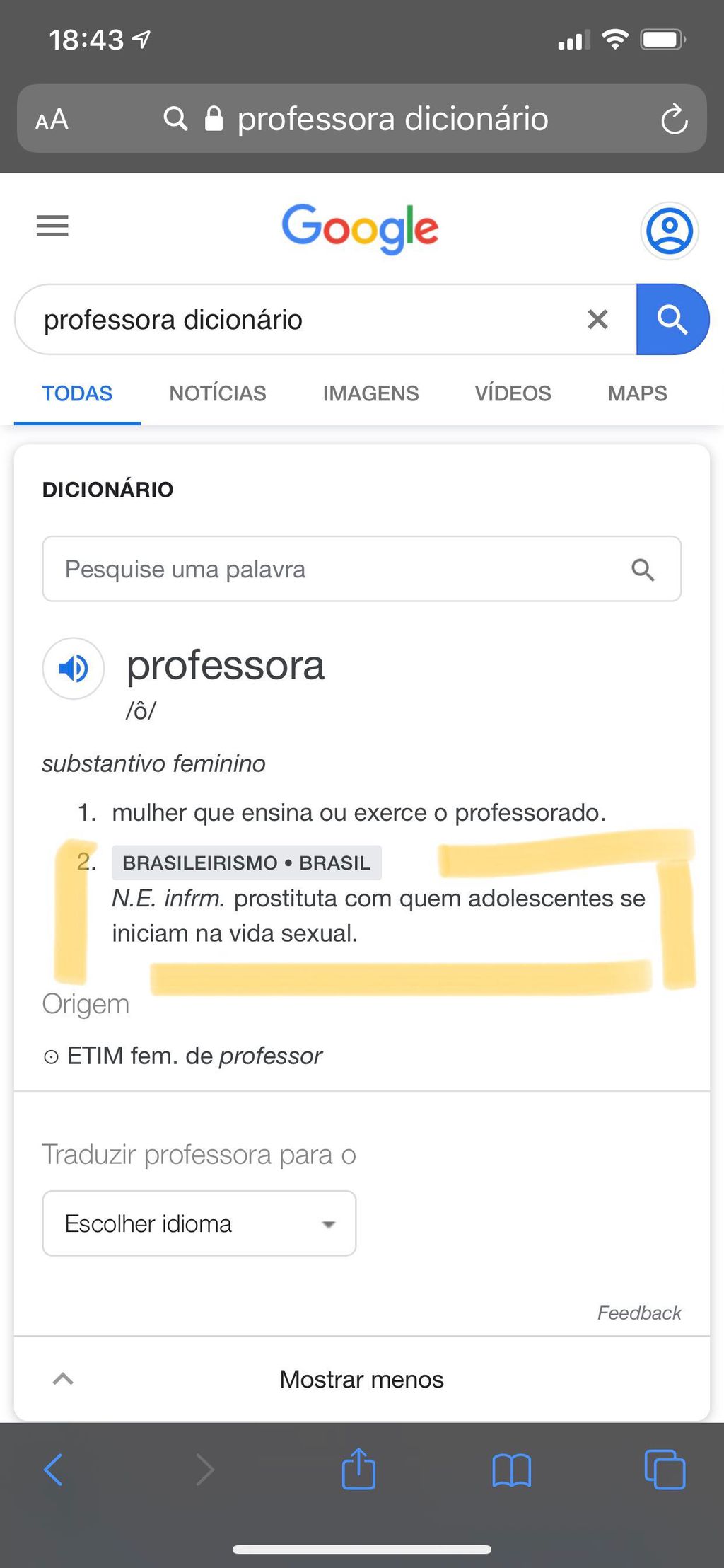 Resultado do Google associa "professora" a "prostituta" (Foto: Captura de tela)