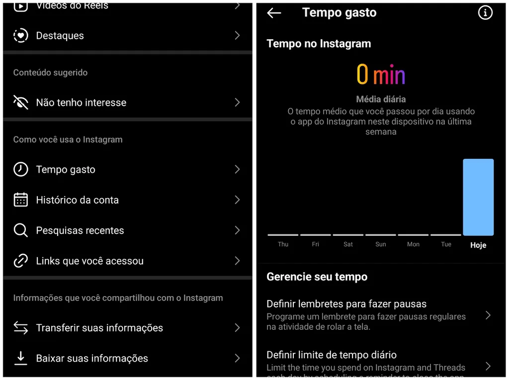 Confira o tempo gasto no Instagram para Android (Imagem: Captura de tela/Thiago Furquim/Canaltech)
