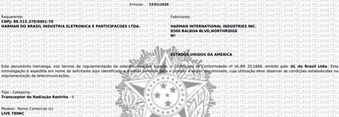 certificado de homologação Anatel JBL Live 780NC