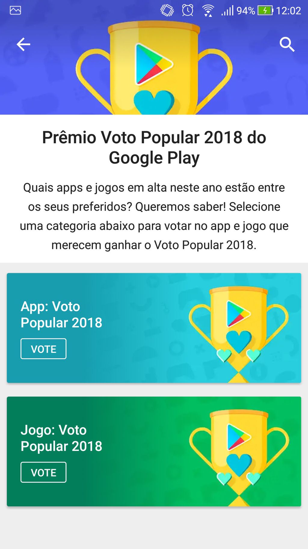 É possível votar em duas categorias: basta abrir o ícone da Play Store em seu smartphone e clicar no banner no topo (Captura de Imagem: Rafael Arbulu)