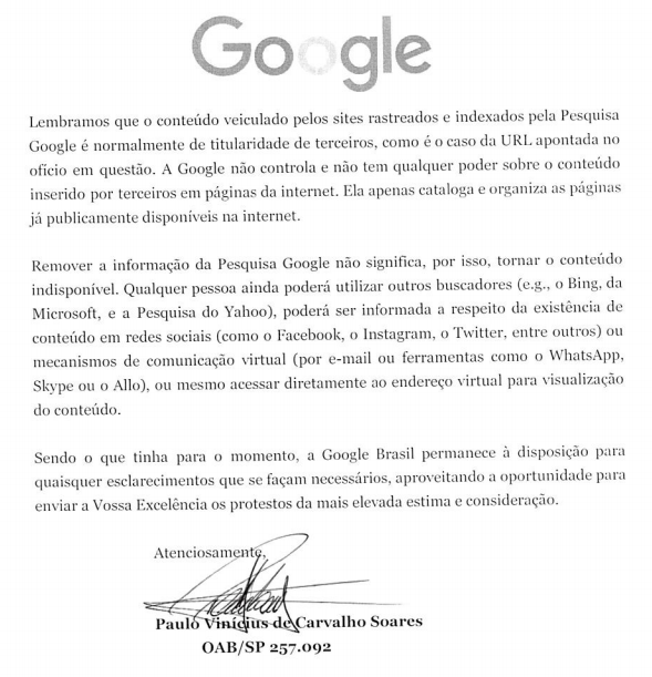 Captura do Ofício n. 22/2018 de resposta da Google Brasil ao Ministério Público (Imagem: Divulgação / MPDFT)