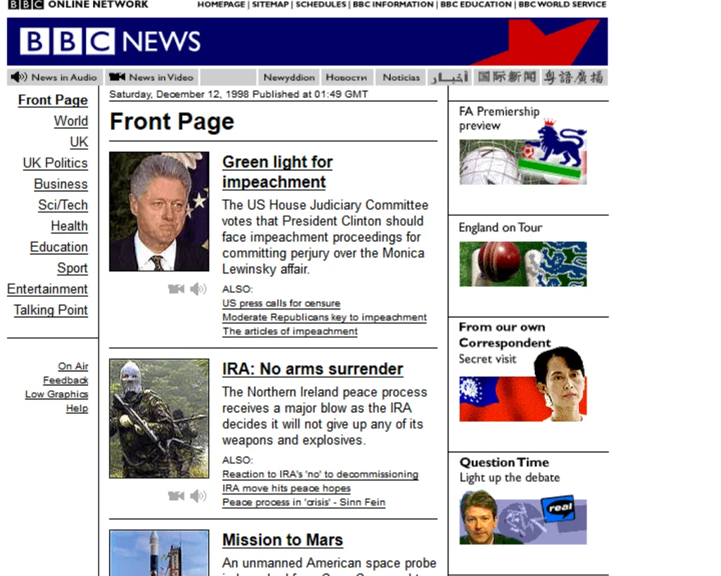 O visual antigo do site da BBC era bem simples e sem muitos recursos gráficos (Imagem: Reprodução/Web Design Museum)