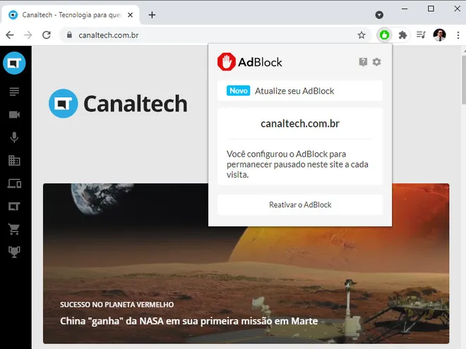 O AdBlock pode ser configurado para liberar anúncios em alguns sites específicos (Imagem: Captura de tela/Matheus Costa/Canaltech)