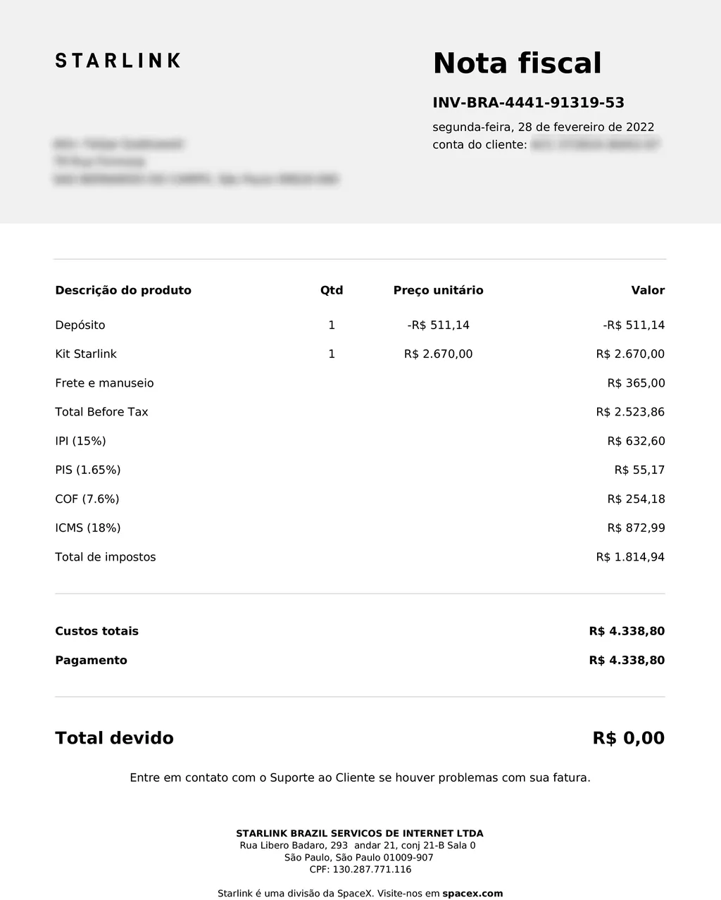 Fatura da internet Starlink com os custos do kit e impostos (Imagem: Canaltech)