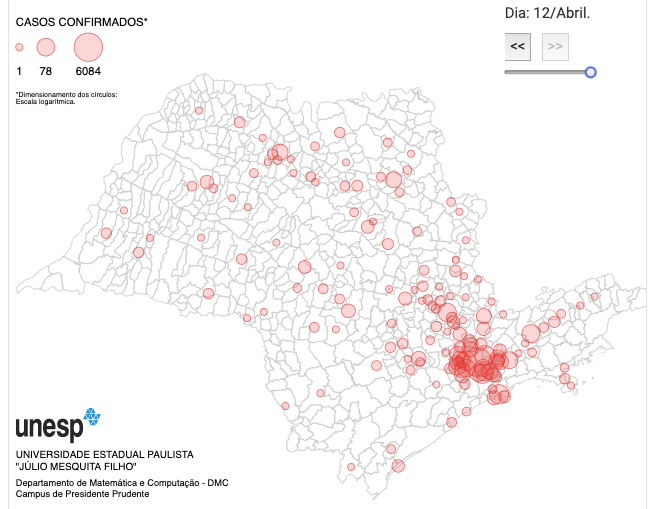 Mapa de São Paulo com os dados do último domingo (12) (Imagem: Reprodução/UNESP)
