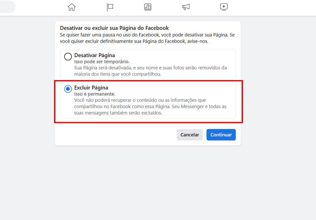Você pode excluir uma página permanentemente no Facebook se assim quiser (Imagem: Captura de tela/Fabrício Calixto/Canaltech)