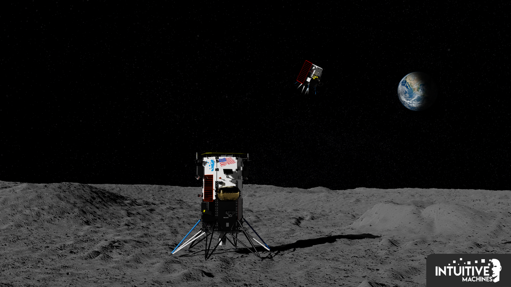 Representação artística do Micro-Nova, implantado pelo módulo de pouso Nova-C (voando logo atrás) próximo ao polo sul lunar (Imagem: Reprodução/Intuitive Machine)