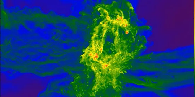 Simulação da formação de um quasar primordial (Imagem: Reprodução/Universidade de Portsmouth)
