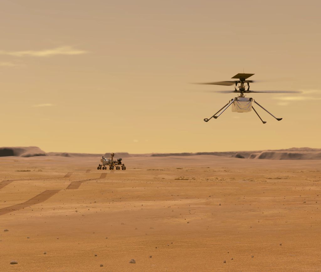 Conceito do rover Perseverance e do helicóptero Ingenuity em Marte, que pousaram por lá em 2021 (Imagem: Reprodução/NASA)
