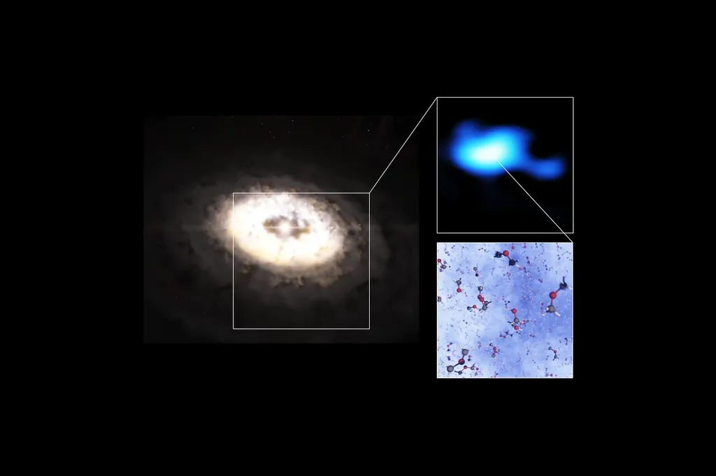 Representação artística do disco de formação planetária ao redor da estrela IRS 48 (Imagem: Reprodução/ESO/L. Calçada, ALMA (ESO/NAOJ/NRAO)/A. Pohl, van der Marel et al., Brunken et al.)