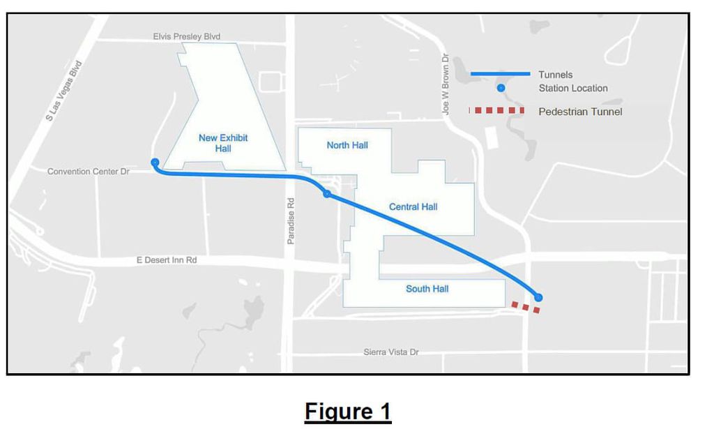 O projeto delimitando a expansão e os túneis ao redor do Centro de Convenções: as linhas azuis representam a extensão dos túneis, enquanto os pontilhados vermelhos são estações de entrada dos pedestres (Imagem: Reprodução/The Guardian)