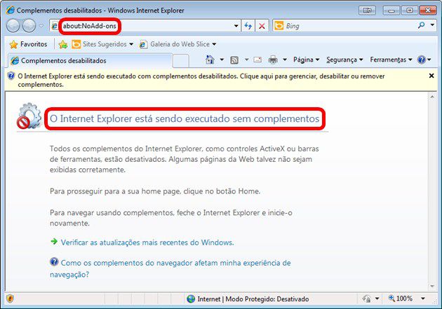Internet Explorer sem Add-ons e Plugins Internet Explorer sem Add-ons e Plugins