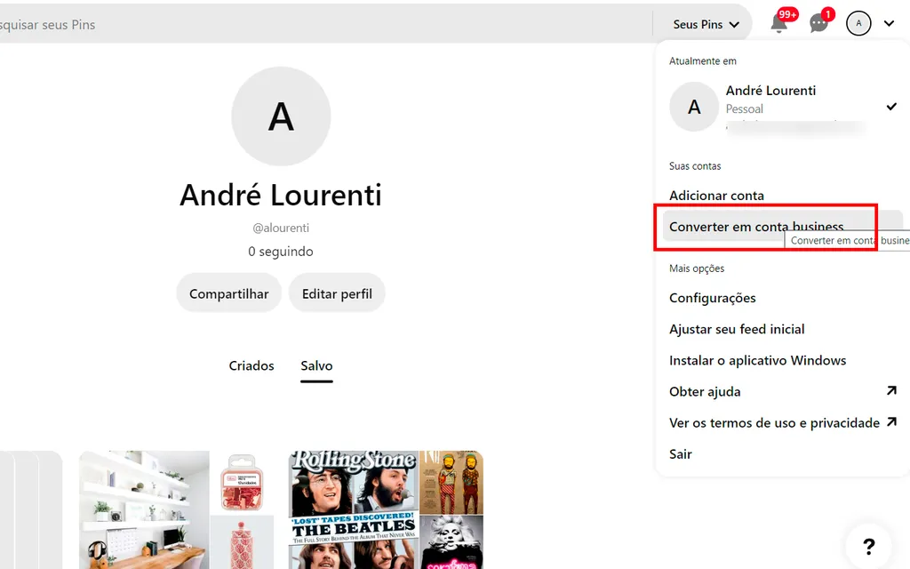 Use uma conta profissional para vender no Pinterest (Captura de tela: André Magalhães)
