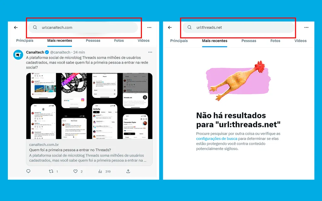 Busca específica por URLs não revela links para o Threads (Imagem: André Magalhães/Canaltech)