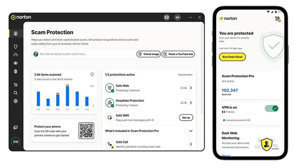 Disponível tanto no computador quanto no celular, a atualização Norton Scam Protection inclui proteção extra contra golpes de engenharia social e phishing (Imagem: Norton/Gen)
